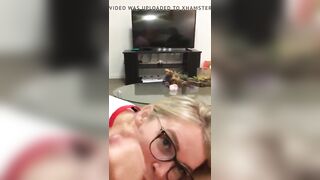 Hawt golden-haired with glasses sucks ramrod and eats cum