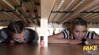 Fake Hostel - the classic angels Stuck Beneath A Couch with Cherry Kiss and Katy Rose screwed doggy position