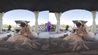 PURITYVR Glamorous brunette hair Nemesi rides a hard knob in the backyard in VR